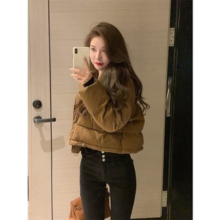 150小个子棕咖色短款羽绒棉服女冬155洋气立领加厚格纹面包服外套