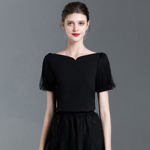 拼接网纱蕾丝体恤女泡泡袖 一字领纯棉t恤女夏2021新款 一字肩上衣