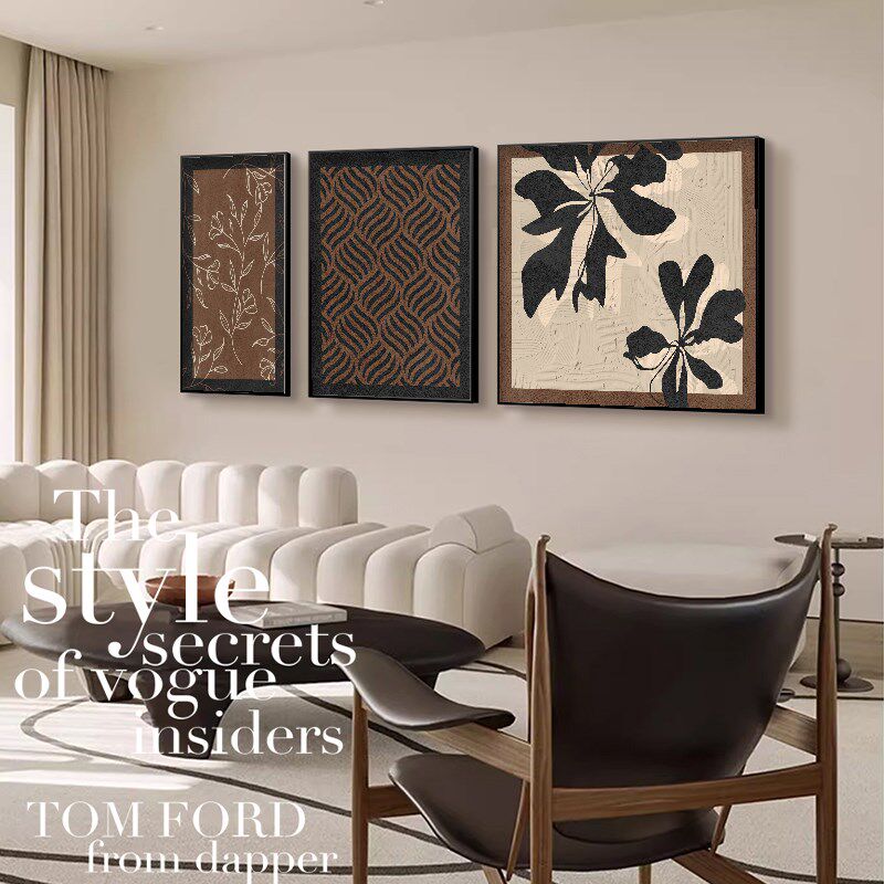 中古风三联客厅挂画黑白复古组合画抽象高级沙发背景墙极简装饰画