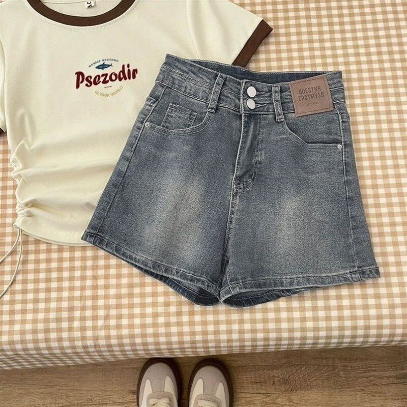女中学生高腰牛仔短裤套装女童夏季新款中大童收腰简约短袖t恤
