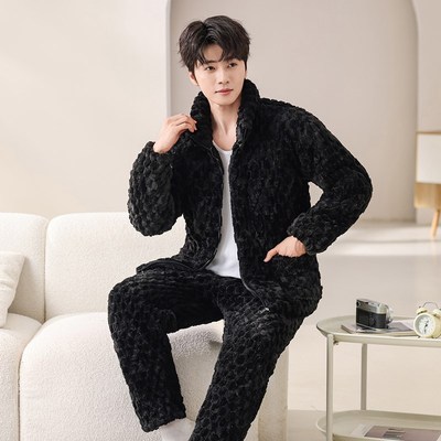 冬季男士居家三层夹棉睡衣加厚加大码中老年人保暖睡衣套装家居服