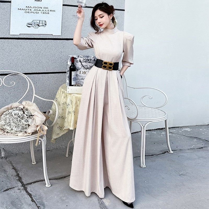 条纹显瘦五分袖气质高腰垂感遮肚子阔腿裤显高连体裤女2025新款夏,女装/女士精品,连体衣/裤,淘宝优惠券,粉丝福利购,淘宝优惠卷