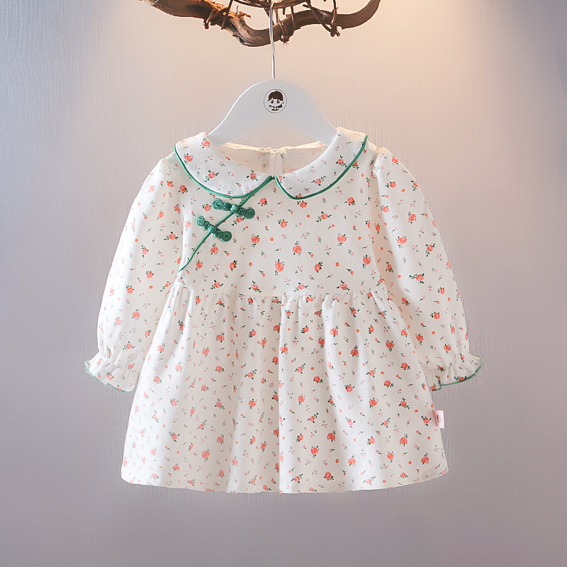 女童秋季旗袍连衣裙洋气公主裙复古碎花裙女宝宝秋装纯棉长袖裙子