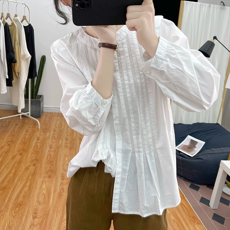 纯棉圆领褶皱长袖衬衫女春宽松减龄上衣复古通勤打底衫衬衣
