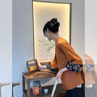 2024年新款新中式国风宽松气质七分袖唐装上衣橙色提花衬衫女春秋