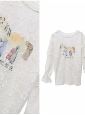 【甜甜专享】欧货时尚圆领拼接蕾丝长袖T恤女宽松显瘦上衣3.16