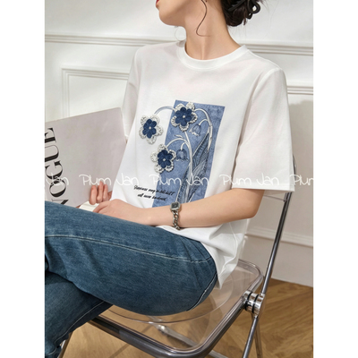 AndM高端Studio 圆领花卉印花钉珠短袖T恤女百搭减龄上衣4020