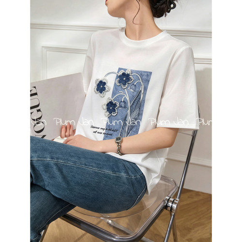 AndM高端Studio 圆领花卉印花钉珠短袖T恤女百搭减龄上衣4020