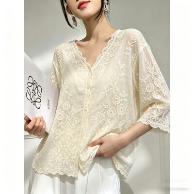 AndM高端Studio  V领重工提花刺绣单排扣衬衫高级感洋气上衣4020