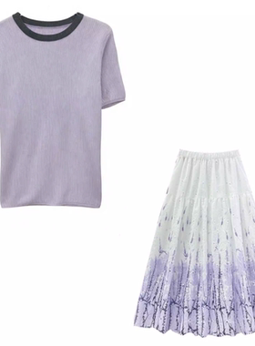 【甜甜专享】超好看刺绣钩花晕染半身裙加短袖上衣套装2568