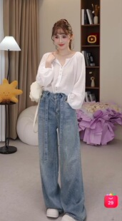 小四专享 显瘦拖地裤 最爱裤 复古设计感烫钻牛仔裤 323 美式