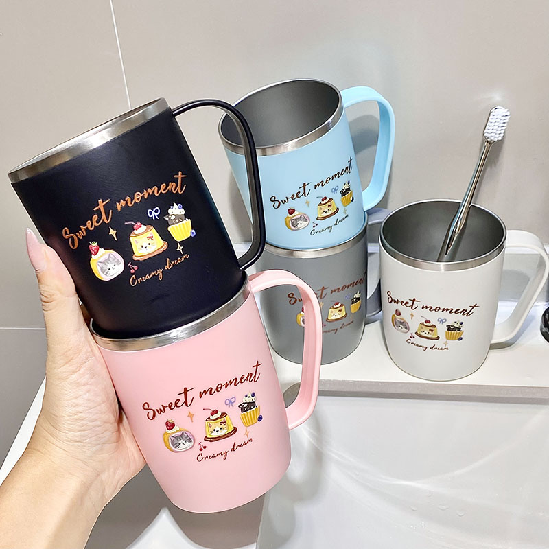 卡通猫咪304不锈钢漱口杯家用洗漱杯情侣创意带把手杯子学生牙缸图片