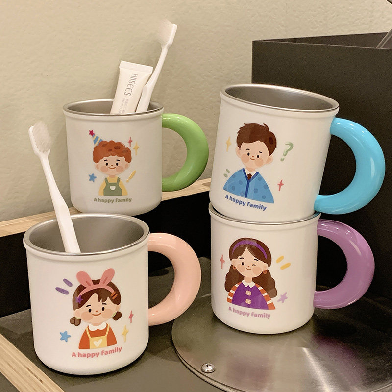 呆萌一家可爱情侣漱口杯家庭刷牙杯316不锈钢卡通防摔洗漱牙刷杯图片