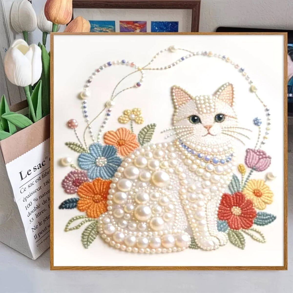 珍珠画diy可爱小猫一家高颜值带框手工粘贴卧室客厅装饰钻石贴画