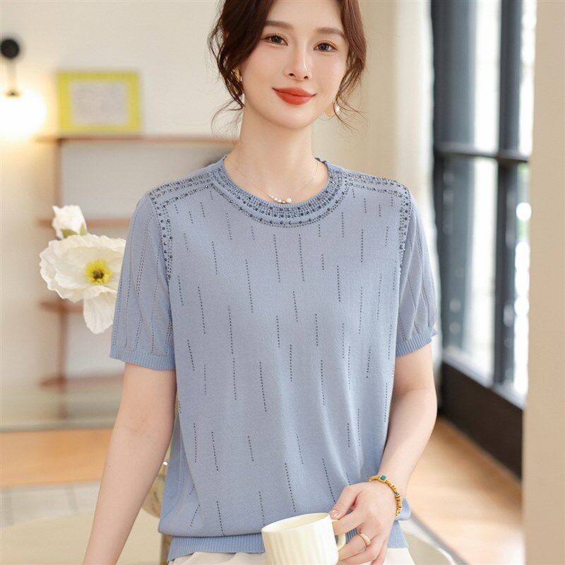 中年妈妈夏装冰丝短袖t恤衫洋气中老年妇女宽松两件套装针织上衣