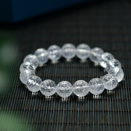 天然白水晶雕刻回纹珠手链女款单圈时尚简约手串饰品礼物 ZW647