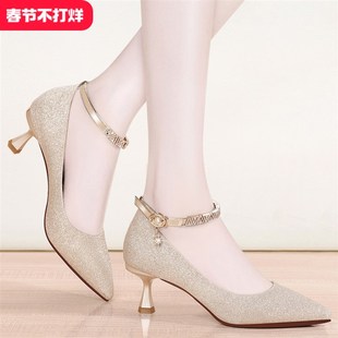 配旗袍的高跟鞋软皮鞋子百搭中跟春秋款浅口单鞋女夏细跟尖头5cm