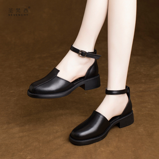 2025年新款夏季女鞋一字扣包头凉鞋女平底单鞋软皮中跟真皮小皮鞋