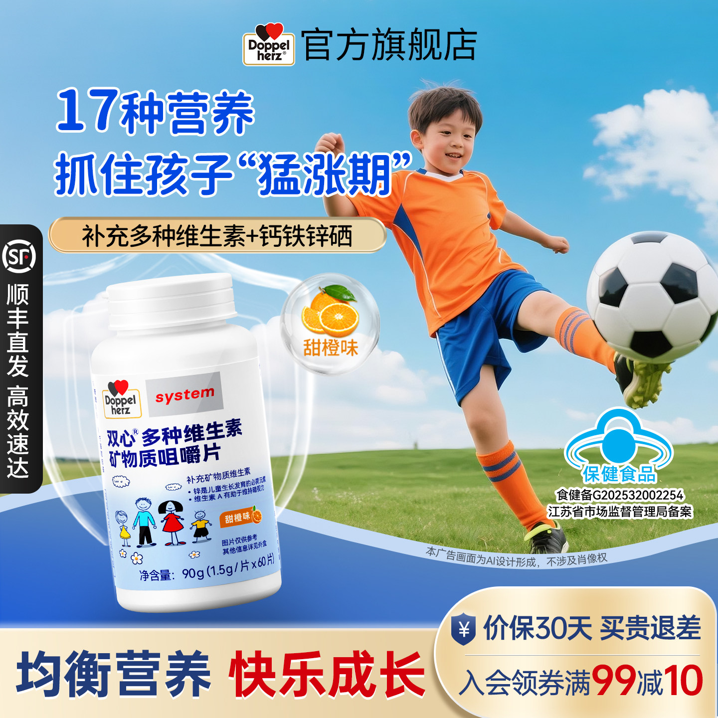 双心儿童钙铁锌多种复合维生素adb成长3岁以上6岁12青少年咀嚼片