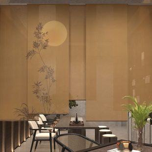 卷帘窗帘办公室客厅遮光遮阳软隔断电动升降半透明竹子挂帘 新中式