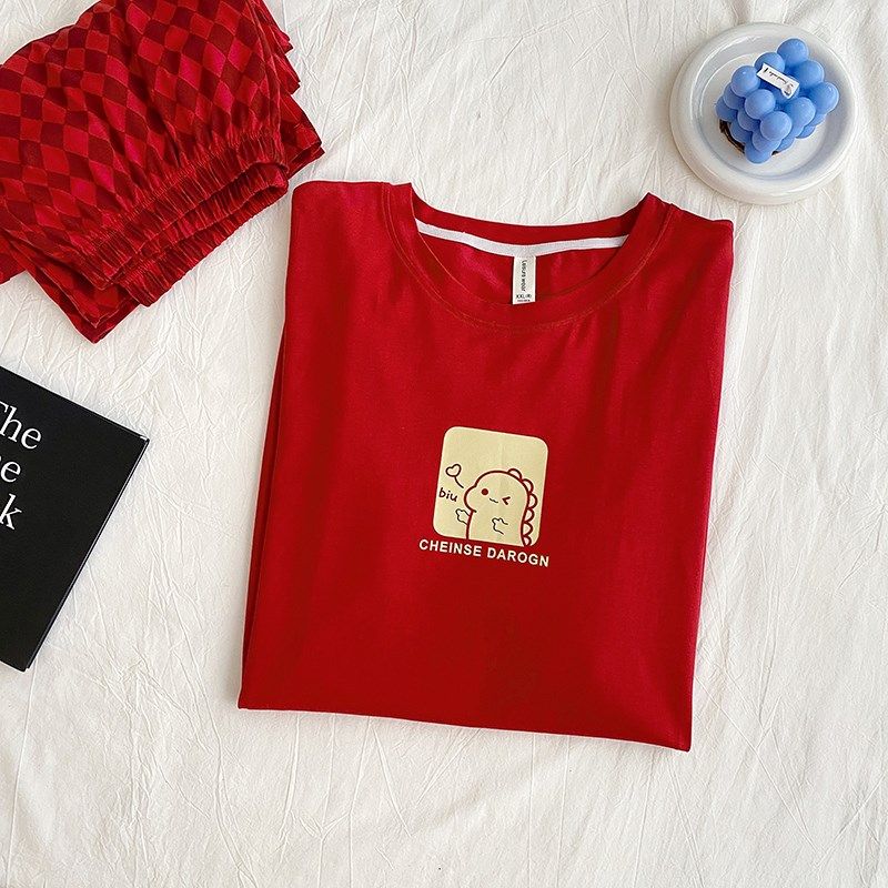 新年红色睡衣情侣夏季纯棉薄款短袖三件套装男女士大码卡通家居服