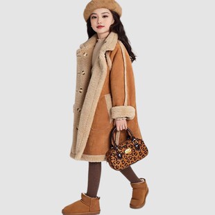 2024冬女童麂皮绒羊羔毛两面穿大衣中长款加绒加厚儿童毛毛外套潮