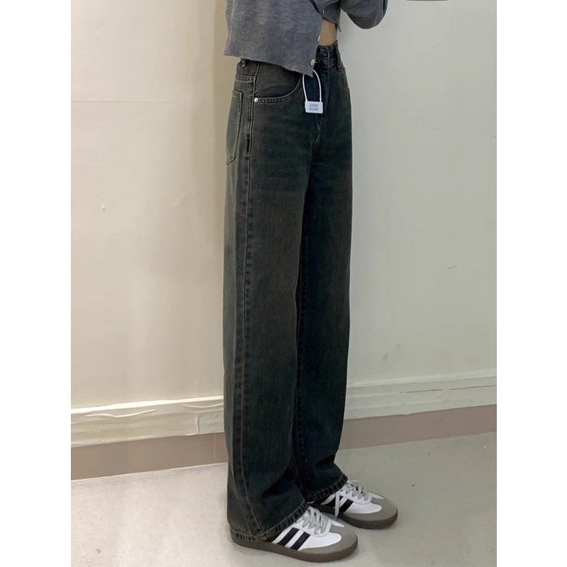 水泥灰阔腿牛仔裤女春秋款薄绒高腰宽松显瘦小个子加绒窄版直筒裤