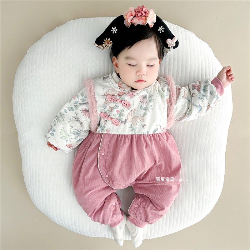 中式婴儿衣服女宝宝冬装旗袍秋冬季连体满月百天周岁礼服夹棉冬天