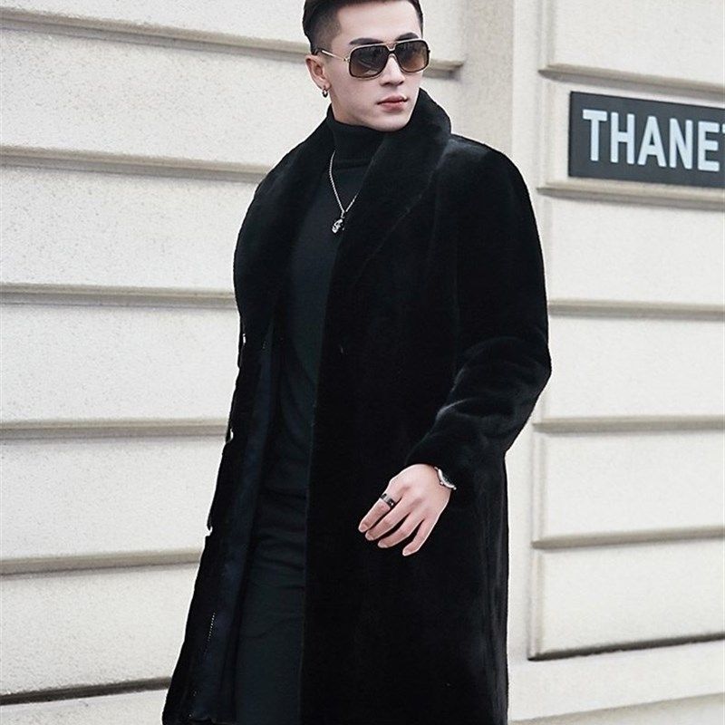 貂皮外套男士中长款整貂秋冬季新款大码加绒加厚仿貉子毛皮草大衣