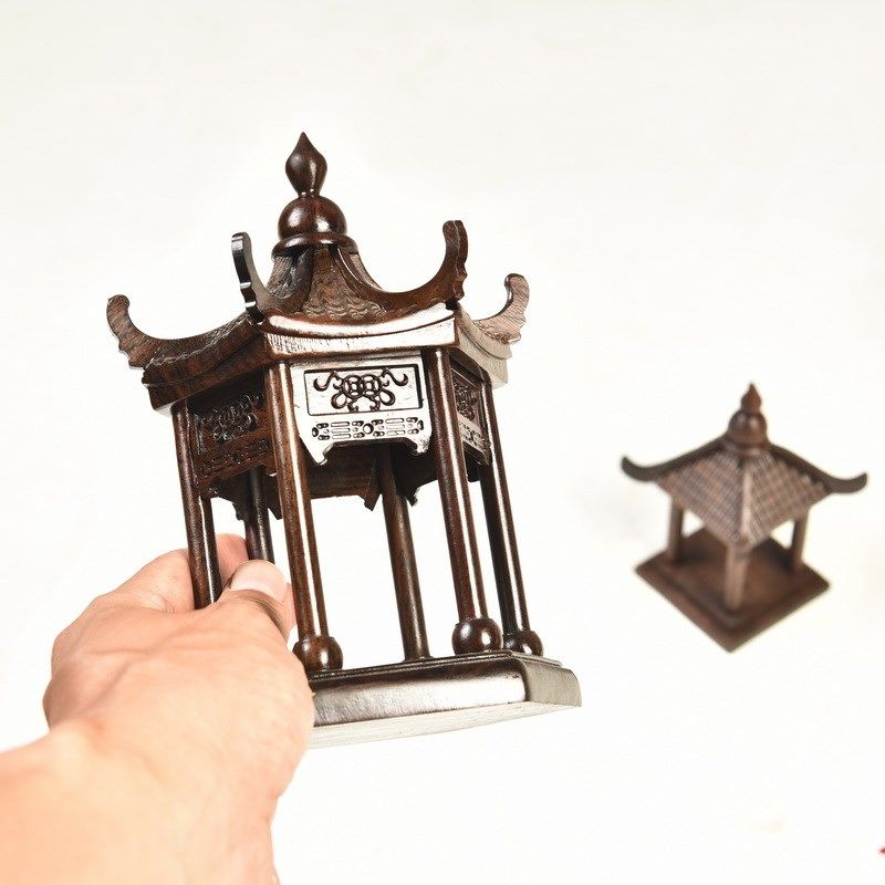 琴书侣黑檀木雕四角凉亭建筑沙盘模型古建筑亭子盆景小屋房摆件