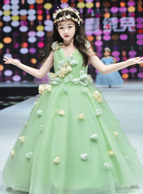 女童礼服绿色森系儿童走秀长裙小女孩舞台演出生日钢琴演奏公主裙