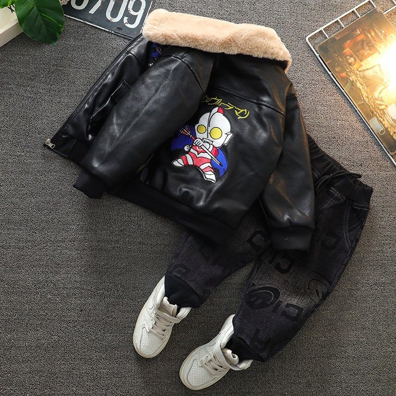 男童加绒套装冬款皮衣加厚2024新款宝宝洋气皮夹克防风儿童秋冬装