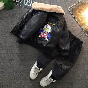 男童加绒套装冬款皮衣加厚2024新款宝宝洋气皮夹克防风儿童秋冬装