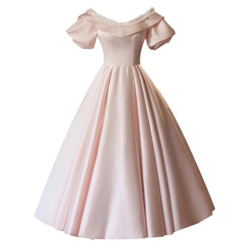 粉色缎面出门女party2024新款夏季小个子小众高级感订婚婚纱礼服