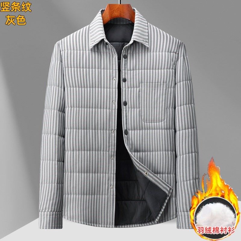 高档男士条纹加棉衬衫外套保暖加厚夹棉羽绒棉衬衣长袖休闲百搭