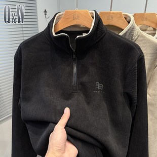 半拉链立领卫衣男款秋冬季加绒加厚2024新款中年男装外套潮半高领