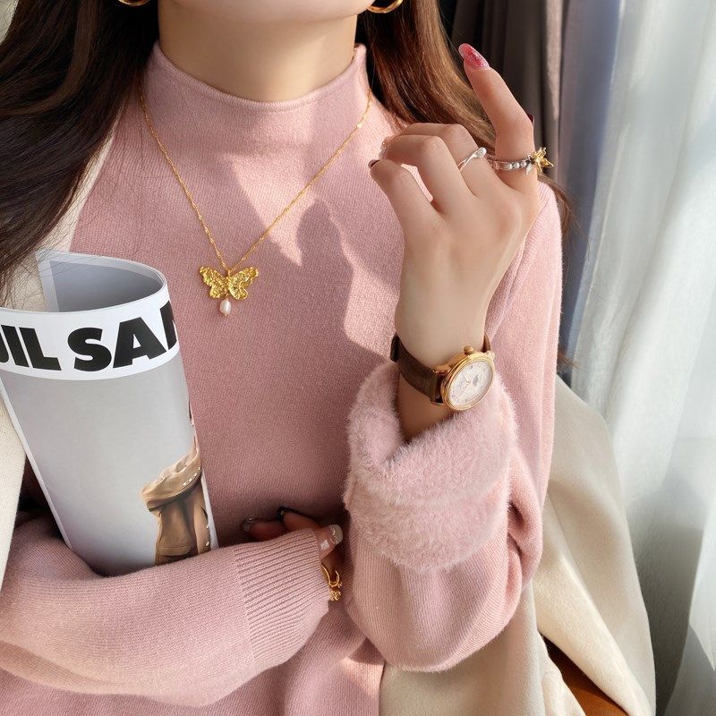 黄色半高领加绒毛衣女内搭加厚2025新款针织打底衫保暖高级感上衣