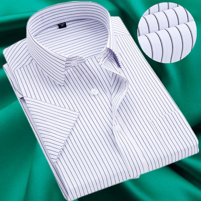 工装短袖衬衫男夏季新款蓝白竖条纹宽松休闲百搭男士爸爸大码衬衣