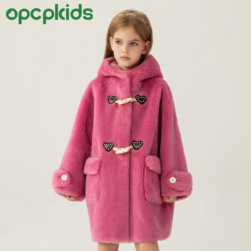 OPCP秋冬季全羊毛一体女童装男宝宝中大儿童羊羔毛皮草外套中长款