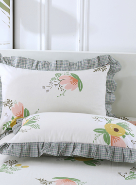 枕套一对装4874纯棉家用全棉大号绿色荷叶边带花边拉链枕头套