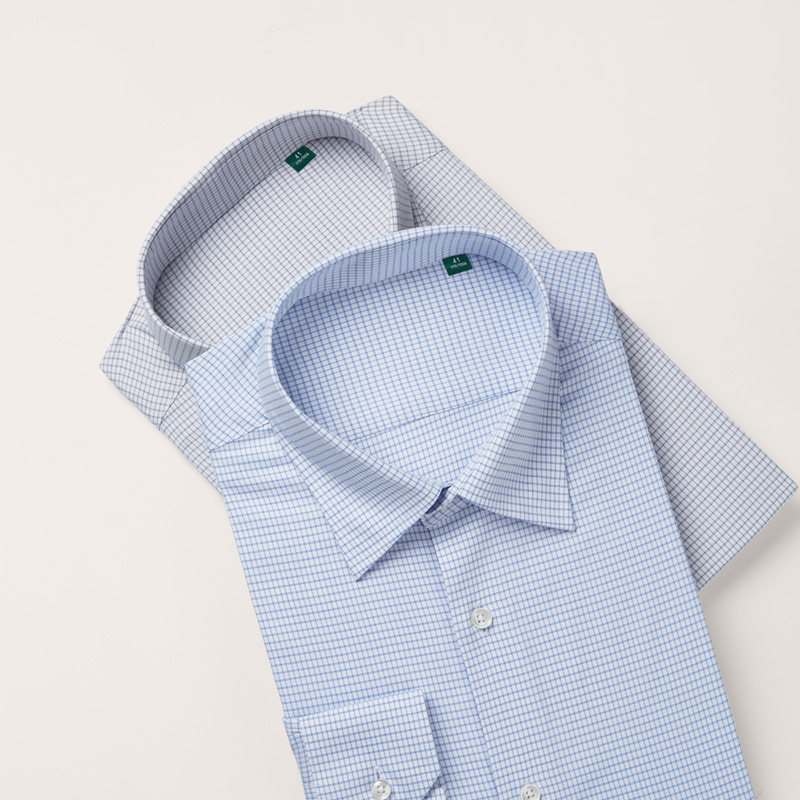 十米布春夏款长袖衬衫男正装免烫再生纤维黑白格子职业暗扣领衬衣