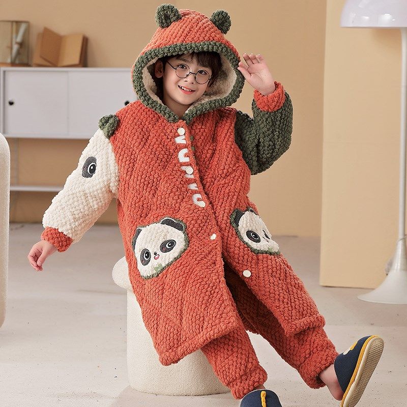 儿童三层夹棉睡衣冬季加厚冬款男童珊瑚绒男孩加绒长款睡袍家居服