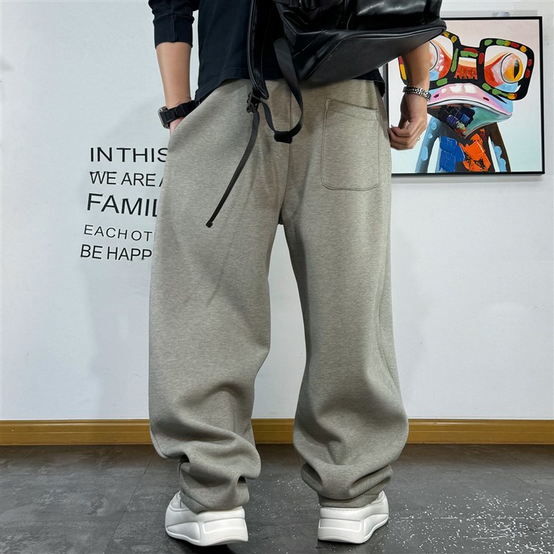 美式休闲宽松抽绳渐变加绒针织卫裤男冬款折痕设计青年加厚直筒裤