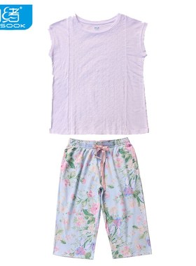 朗绪纯棉短袖七分裤加大宽松镂空上衣女休闲可外穿睡衣套装夏款薄