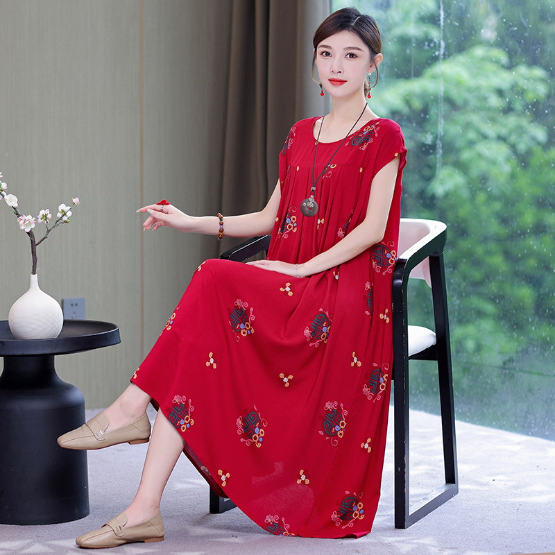 胖mm夏季薄款女士纯棉绸连衣裙长款大码宽松200斤睡裙妈妈装睡衣