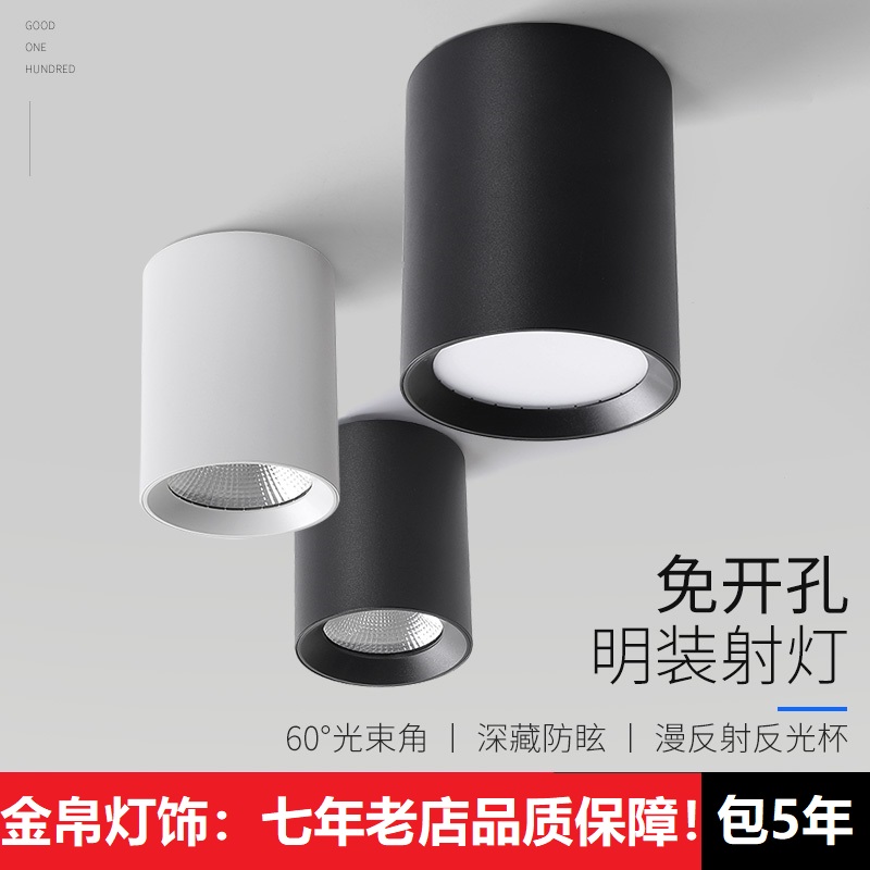 明装射灯led圆形店铺商场家用过道走廊免开孔7.5公分吸顶式高筒灯