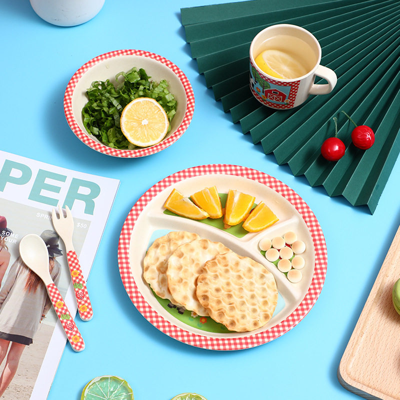 竹纤维儿童餐盘家用分格防摔卡通餐具套装吃饭叉勺婴儿宝宝辅食碗