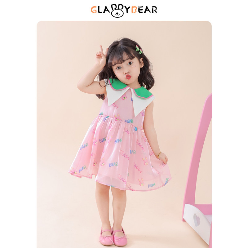 女童粉色满印翻领连衣裙夏季2025新款儿童洋气甜美女宝宝无袖裙子