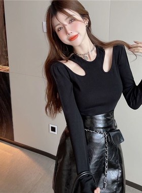 秋冬打底衫性感镂空上衣女圆领挂脖露肩T恤长袖心机内搭修身女装