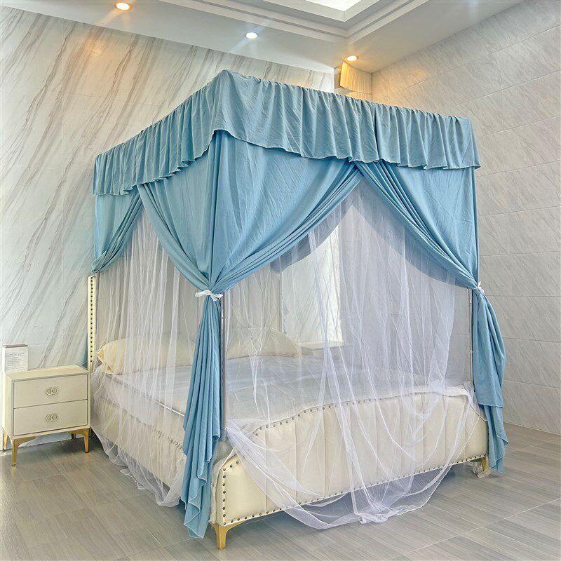 2025金辉新款床帘可四柱不锈钢支架遮光加厚布料水洗棉两用床幔家